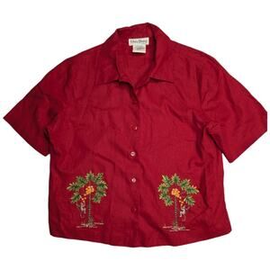 Vtg 1990s Ultra Dress Red Linen Monkey Coconut Tree Embroidered Button Up Top 6